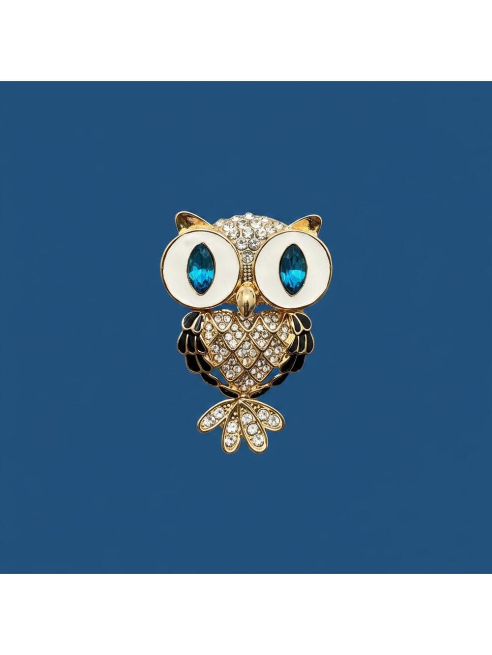 Vintage Owl Brooch Pin with Blue Rhinestone Eyes